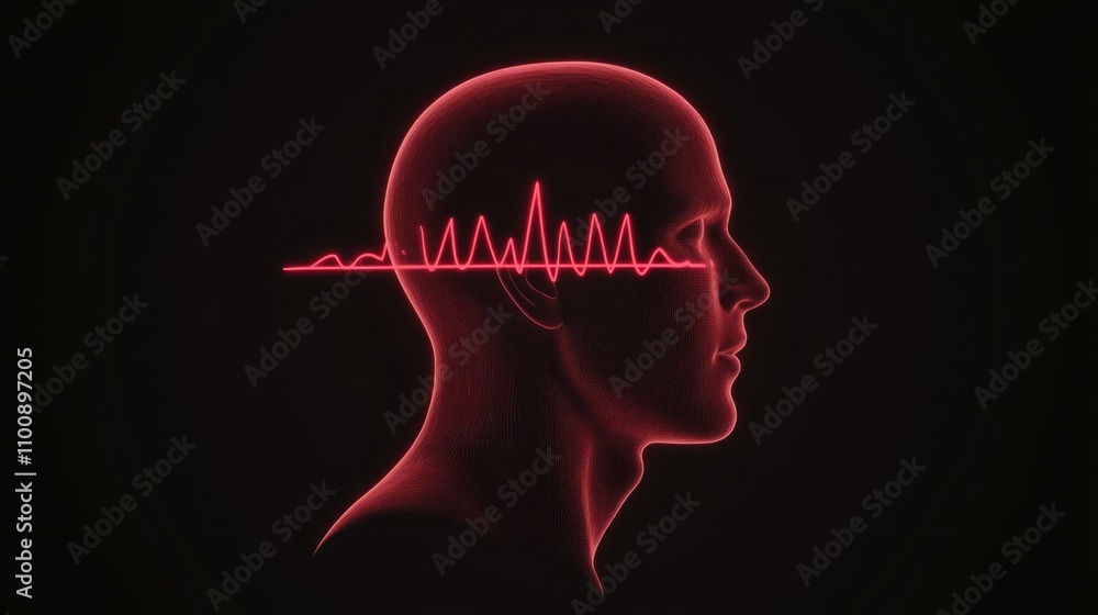 Poster abstract representation of human brain activity showcasing a neon red line connecting thoughts and e
