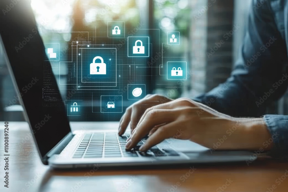 Poster cyber security and information protection in business with encryption and safe internet access