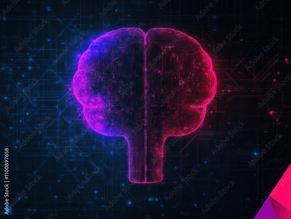 Poster vibrant neon human brain illustration with digital circuitry elements in a futuristic style for conc
