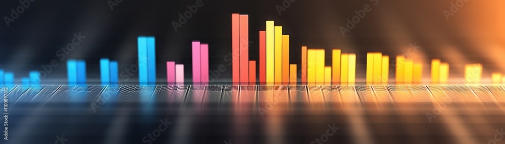 Poster colorful sound wave visualization with vertical bars representing audio frequencies against a dark b