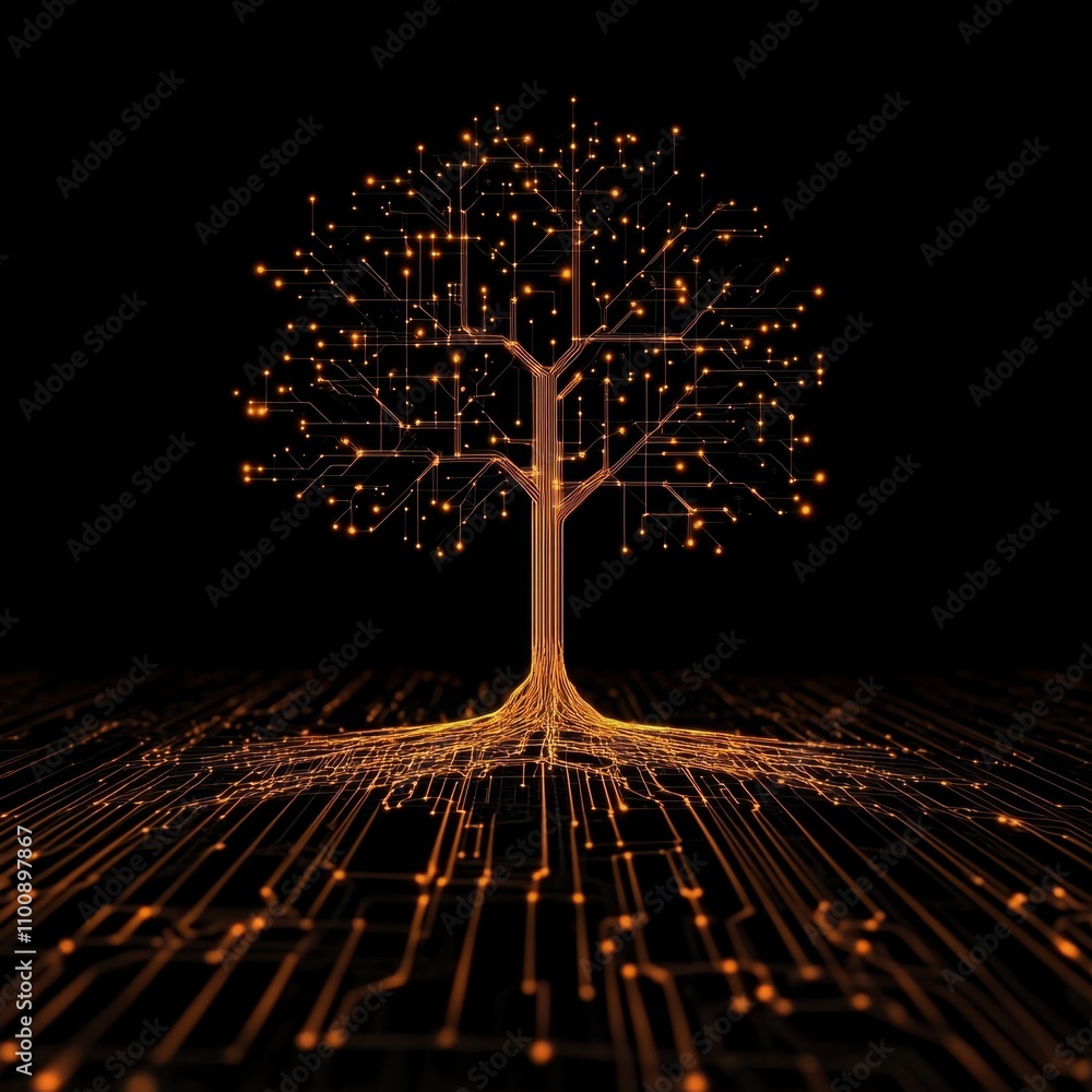 Poster futuristic digital tree with glowing circuitry on black background symbolizing growth, technology, a