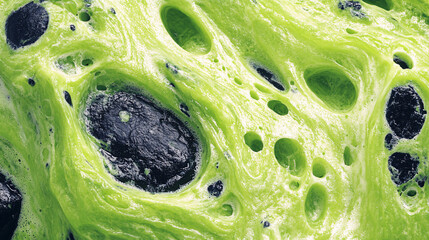 Obraz premium A close-up image showcasing a vibrant green surface with dark, textured holes, revealing a unique and intriguing natural pattern.
