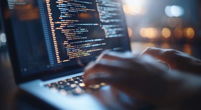 Close-Up of Programmer Hands Typing on Laptop with Code Snippets in Java and Python in Professional Setting