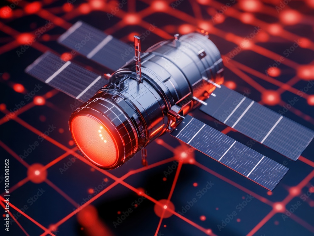 Poster futuristic satellite in space with solar panels surrounded by digital network representing advanced 