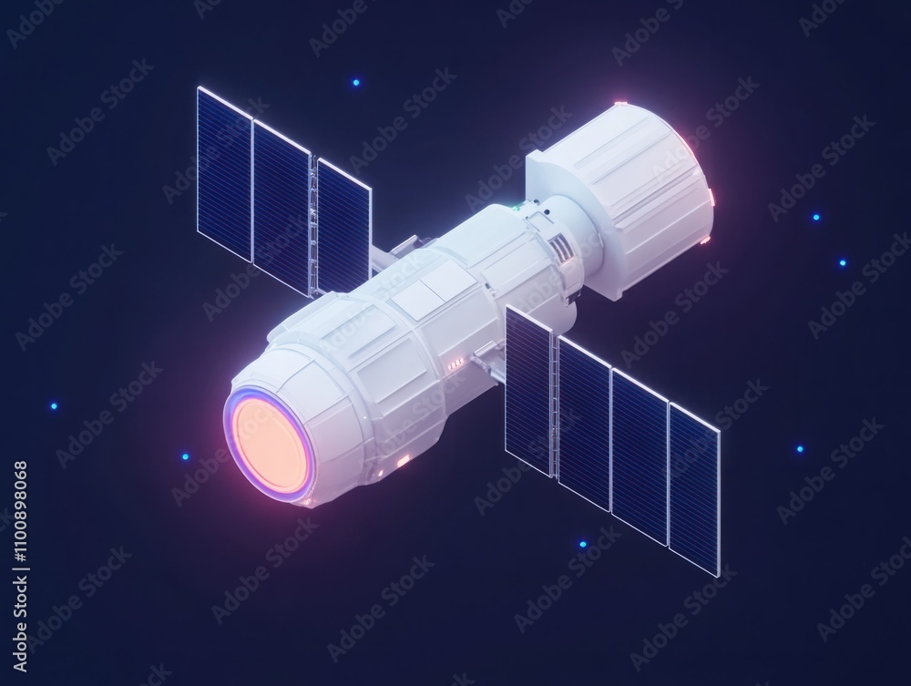 Poster futuristic space station with solar panels orbiting in deep space, depicting advanced technology and