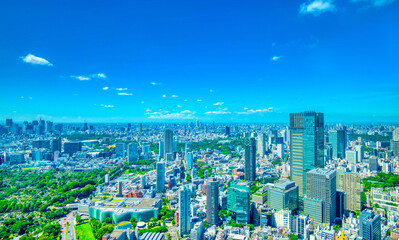 Obraz premium 初夏の東京風景・大都会の青空と緑