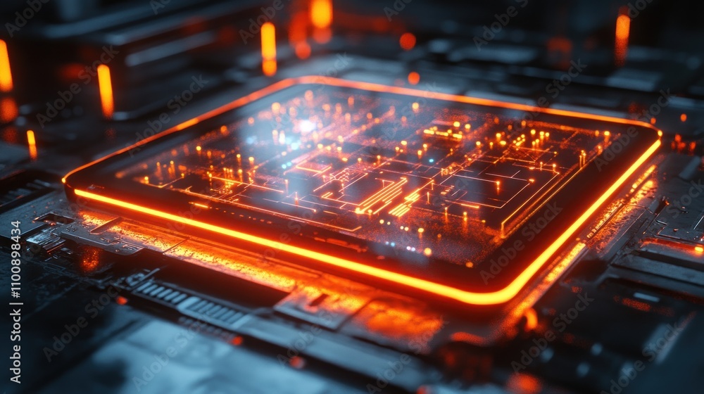 Aufkleber close-up of a futuristic computer chip with glowing orange circuits and a white light in the center.