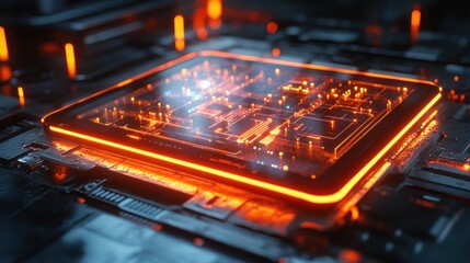Obraz premium Close-up of a futuristic computer chip with glowing orange circuits and a white light in the center.