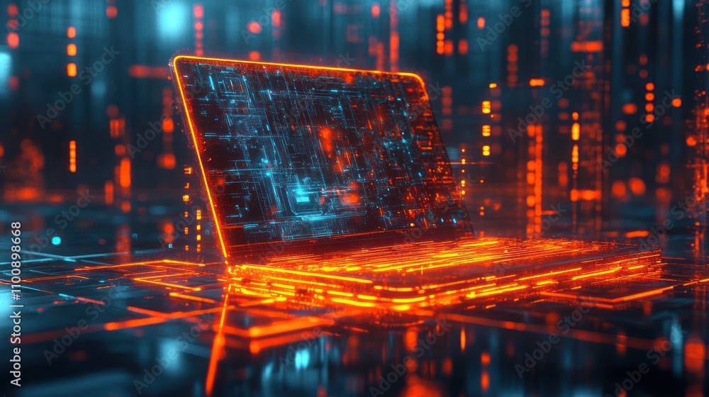 Poster a glowing laptop with abstract digital data and circuit board patterns in a futuristic cityscape.