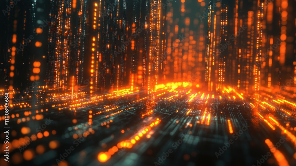Poster abstract digital background with glowing lines and particles in orange and blue colors.