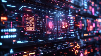 Futuristic interface with glowing lights, data streams, and digital displays.