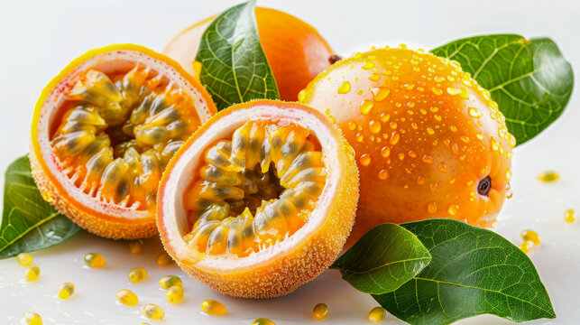 Yellow passion fruits (Passiflora edulis) with fresh droplets, showcasing juicy interiors and set against green leaves