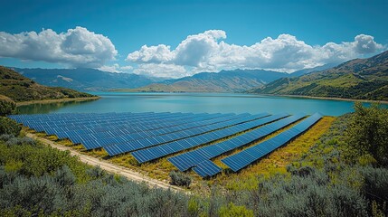 A solar field showcases renewable energy potential against a scenic backdrop, inviting exploration of sustainability.