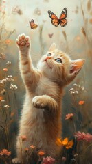 Ginger Kitten Reaching for Butterflies in a Flower Field