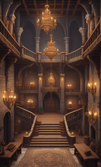 Fototapeta premium Pixel art castle interior with grand staircases, flickering chandeliers, and richly decorated banners, perfect for medieval fantasy RPG games.