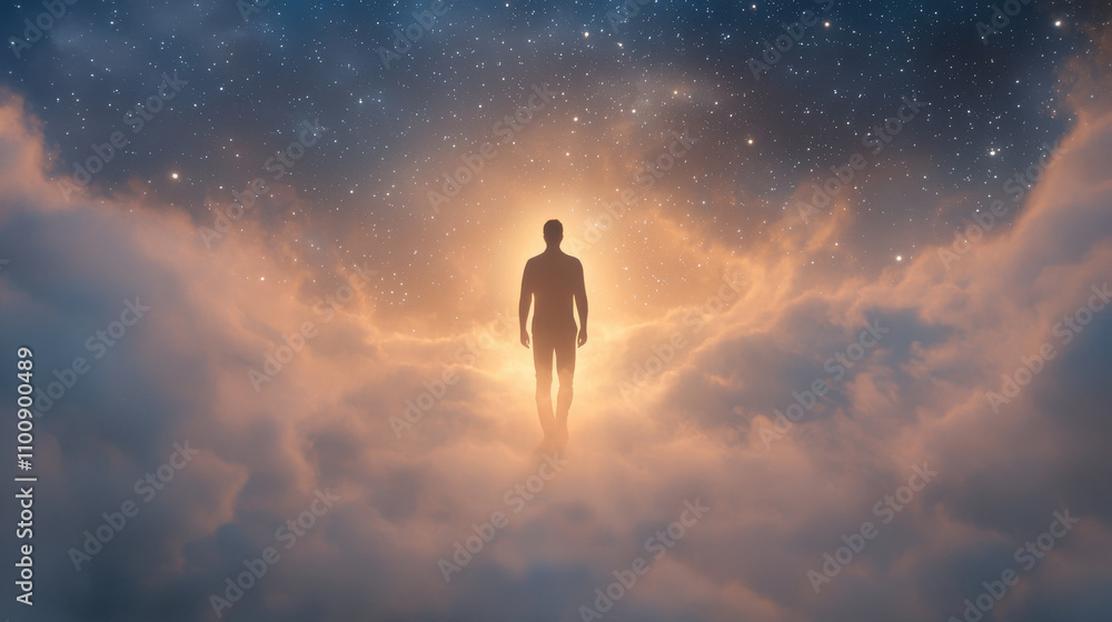 Poster man standing in middle of endless sky surrounded by clouds, illuminated by warm glow, evokes sense o