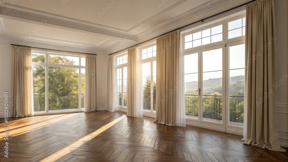 Poster natural light floods in through large windows dressed with simple linen curtains illuminating the ri