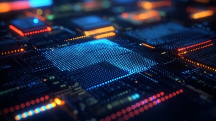 Fototapeta premium Computer Motherboard Close-up with Circuitry and LED Lights in Blue Yellow and Red Hues