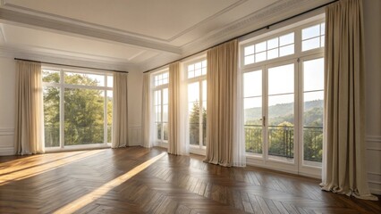 Fototapeta premium Natural light floods in through large windows dressed with simple linen curtains illuminating the rich textures of the hardwood flooring and enhancing the rooms tranquil ambiance.