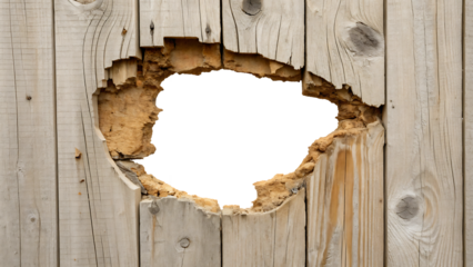 Hole breaking through the wooden wall isolated on white background as transparent. PNG. AI GENERATED.