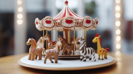 Fototapeta premium Gingerbread Carousel with Animal Figurines Festive Holiday Decoration