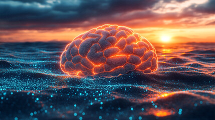 human brain illuminated with vibrant neon lights, symbolizing creativity, intelligence, and the...