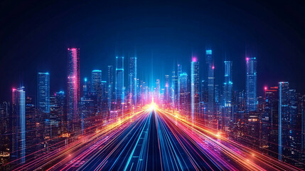 Obraz premium A vibrant, futuristic cityscape illuminated by colorful lights and dynamic lines, suggesting movement and technology.
