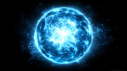 Obraz premium A vibrant blue energy sphere radiating light against a black background, creating a dynamic and captivating visual effect.