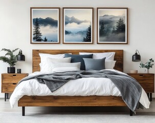 Cozy Minimalist Bedroom with Wooden Bed Frame White Bedding Gray Throw and Nature Wall Art