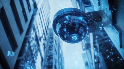 Fototapeta premium Futuristic CCTV camera on city building, digital network data.