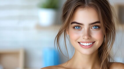 A close-up shot of a woman smiling confidently with natural makeup, her face glowing with self-acceptance and uniqueness, Ultra-Realistic, Photo Realistic 