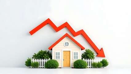 Falling interest rates and mortgage home prices declining as housing borrowing costs lowering due to reverse inflation or deflation and financial recession change concept