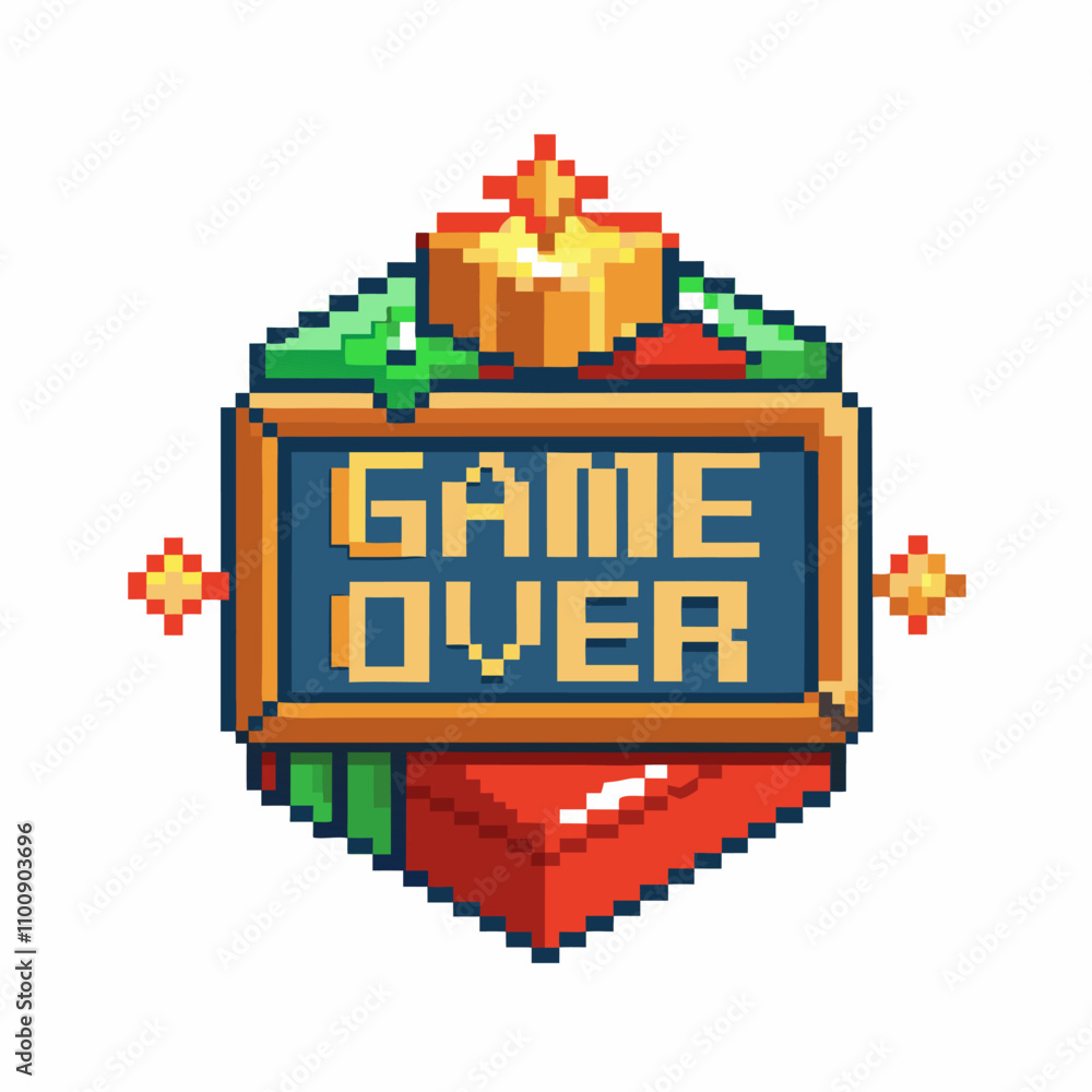 Aufkleber retro pixel art game over screen with 8 bit graphics and colorful design