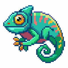 Obraz premium Colorful Pixel Art Chameleon Illustration on White Background
