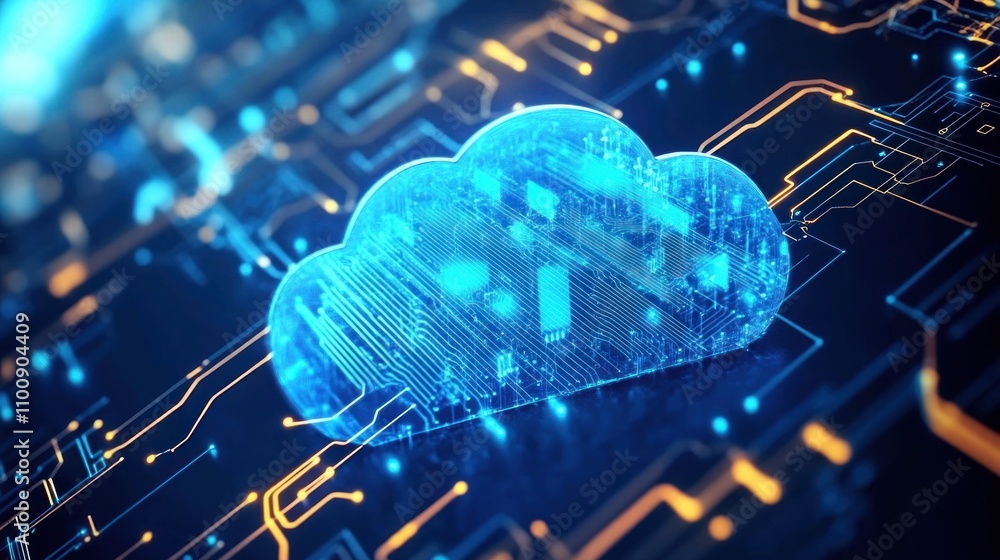 Poster futuristic cloud computing concept; digital data storage on a circuit board.