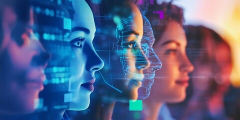 Facial recognition technology scanning a diverse group of people