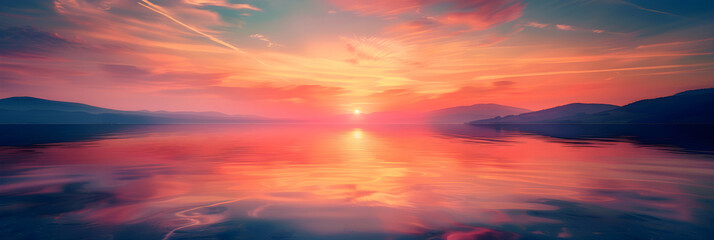 Breathtaking Sunset Over Tranquil Waters with Mountain Silhouettes and Vibrant Sky Reflections