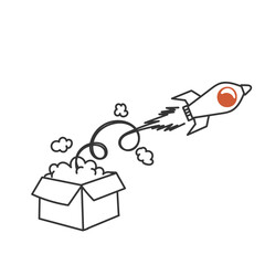 rocket launch from inside the package box illustration in doodle cartoon sketch