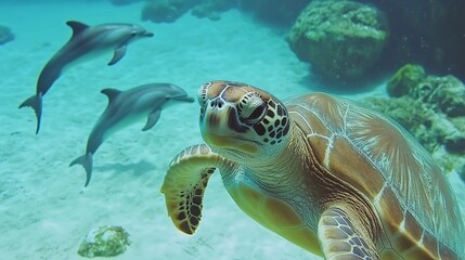 Obraz premium Underwater Scene with Sea Turtle and Playful Dolphins