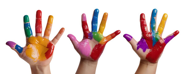 Set of Colorful painted hands on transparent background PNG Generative AI