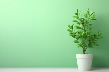 Minimalist white ceramic pot with green plant on wooden table against pastel green wall