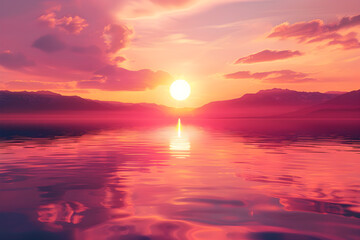 Breathtaking Sunset Over Tranquil Waters with Mountain Silhouettes and Vibrant Sky Reflections