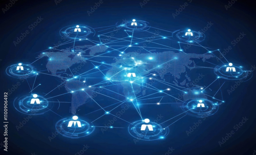 Poster global network connection, digital world map with interconnected people icons.