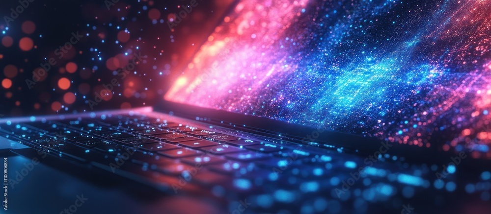 Poster a close up of a laptop keyboard with blue and red light shining from the screen with bokeh lights in
