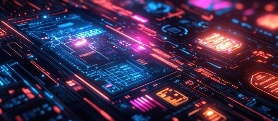 Fototapeta premium A close-up of a futuristic circuit board with glowing blue and red lights.