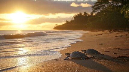 Sunset Beach Scene with Nesting Sea Turtles