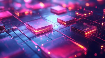 Fototapeta premium Abstract glowing neon squares on a reflective surface.