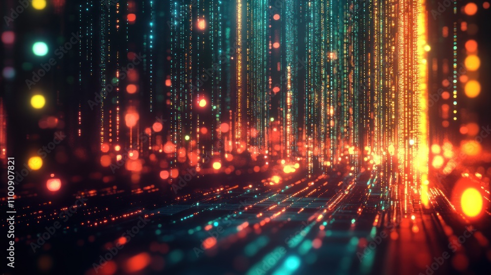 Poster abstract digital background with glowing lines and particles.