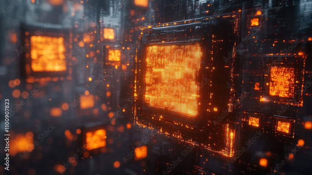 Aufkleber abstract digital background with glowing orange squares and digital circuits.