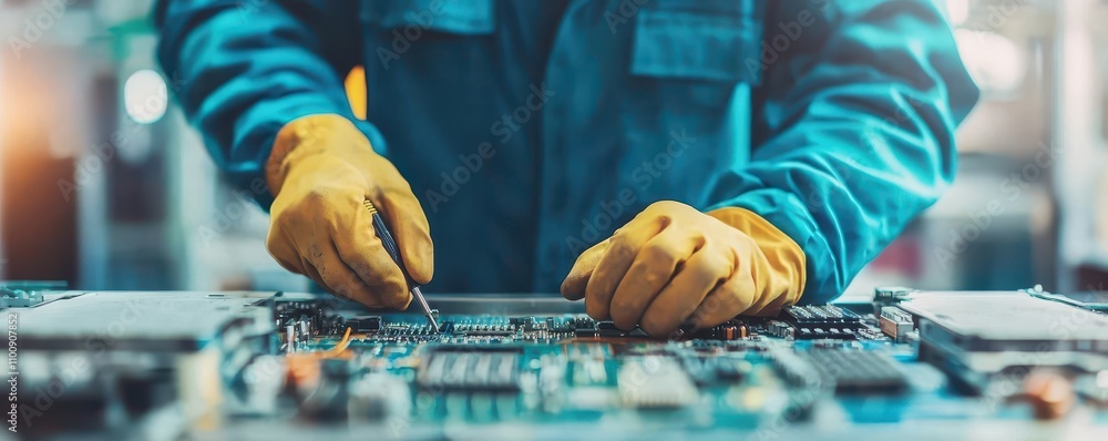 Poster a technician in gloves works on a circuit board, showcasing precision and technical skill in a labor